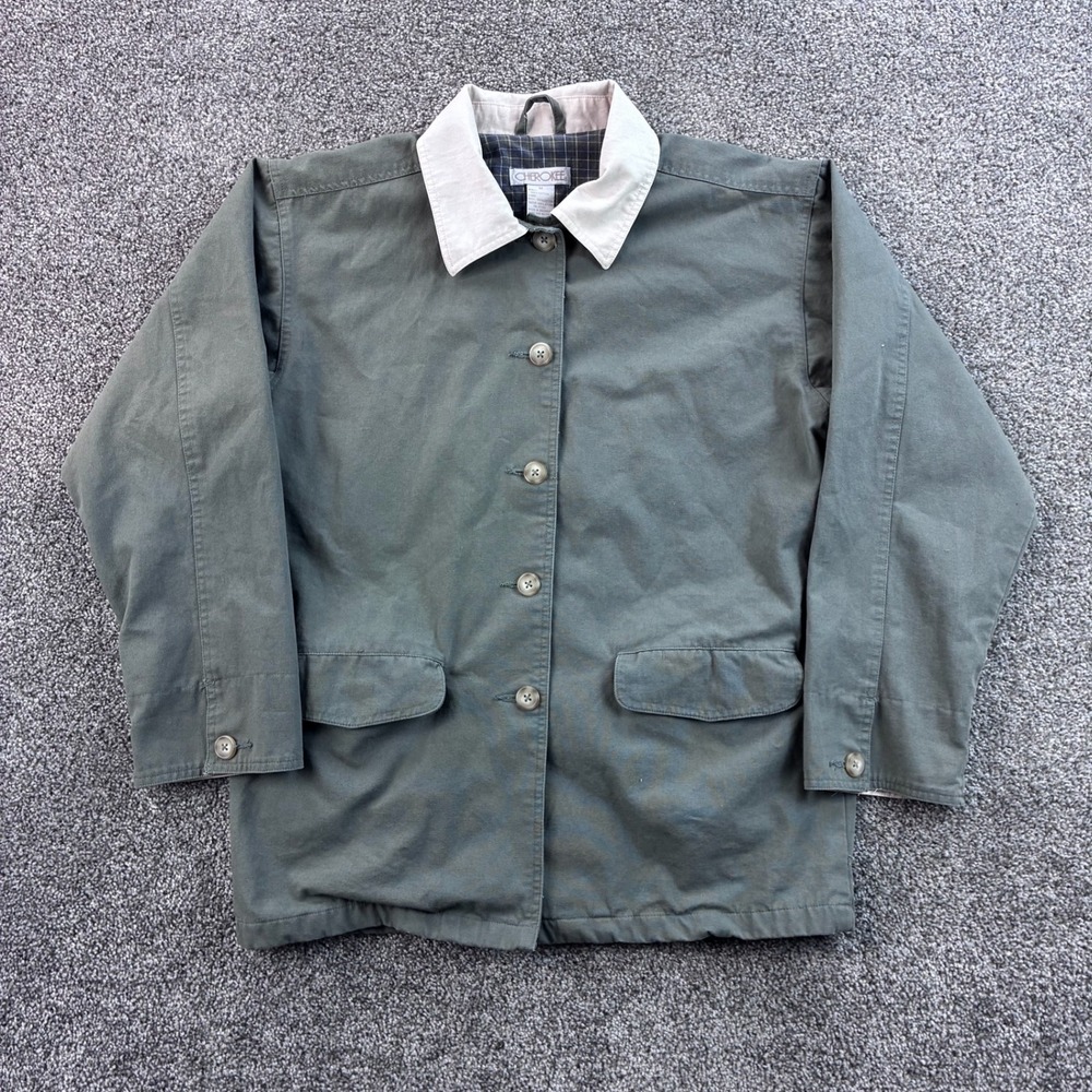 Vintage Cherokee Barn Jacket Mens M‎ Green Cotton Plaid Lined Field Coat Chore